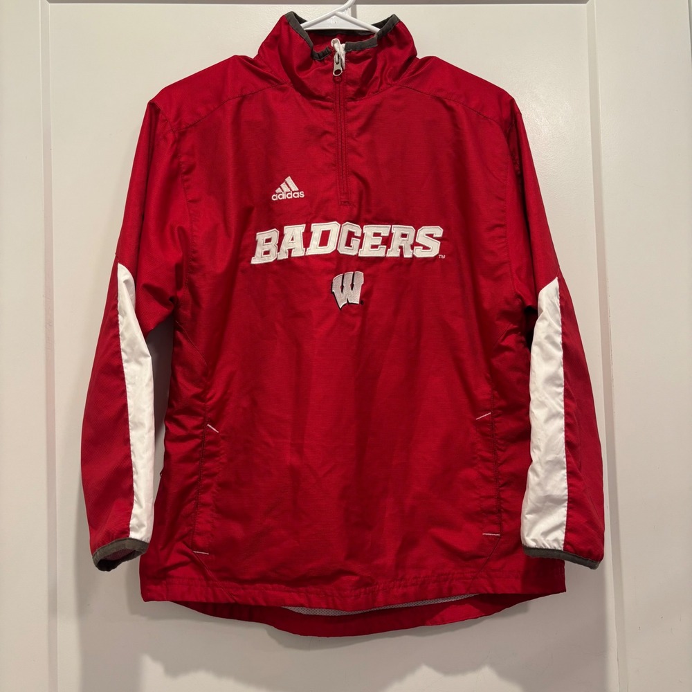 Adidas Wisconsin Badgers Youth Medium 10/12 Red Quarter Zip Windbreaker Jacket